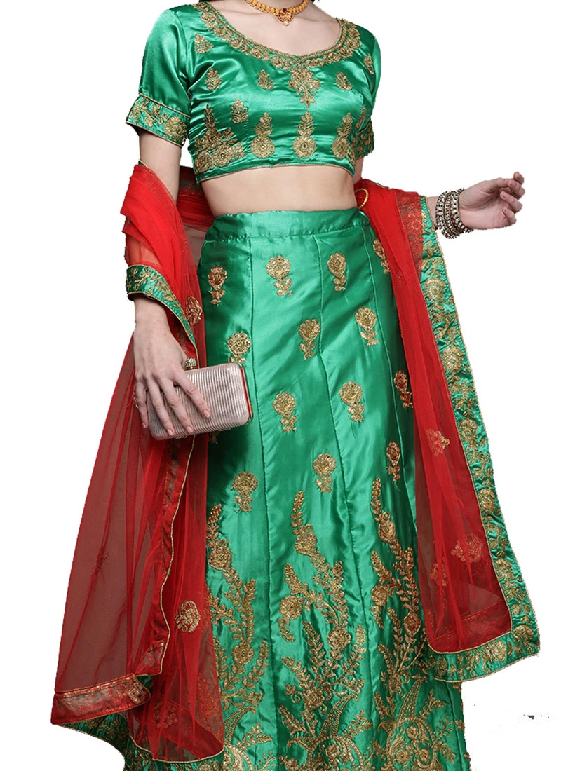Green Satin Silk Embroidered A Line Lehenga With Red Dupatta Festive Wear 1 Green Satin Silk Embroidered A Line Lehenga With Red Dupatta Festive Wear