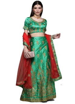 Green Satin Silk Embroidered A Line Lehenga With Red Dupatta Festive Wear 6 Green Satin Silk Embroidered A Line Lehenga With Red Dupatta Festive Wear -Deals Chic Lehenga Store green satin silk embroidered a line lehenga with red dupatta ghsstsktmira7603 u