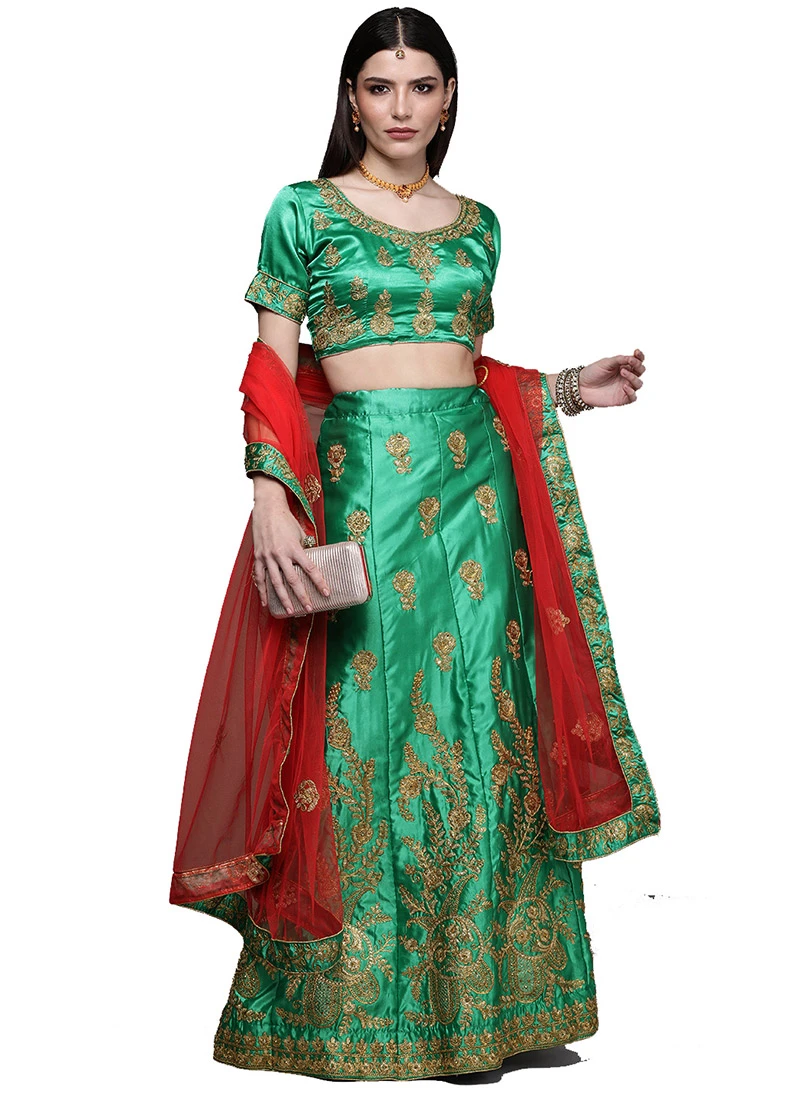 Green Satin Silk Embroidered A Line Lehenga With Red Dupatta Festive Wear 3 Green Satin Silk Embroidered A Line Lehenga With Red Dupatta Festive Wear - Image 3