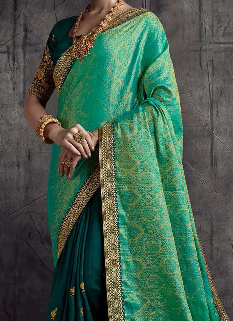 Green Silk Embroidered Designer Half N Half Saree Festive Wear 1 Green Silk Embroidered Designer Half N Half Saree Festive Wear