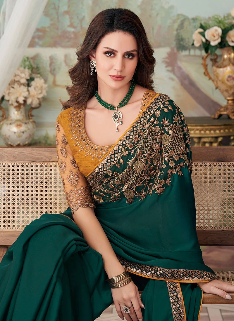 Green Silk Embroidery Sequins Work Saree Party Wear 4 Green Silk Embroidery Sequins Work Saree Party Wear - Image 4