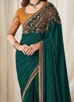 Green Silk Embroidery Sequins Work Saree Party Wear