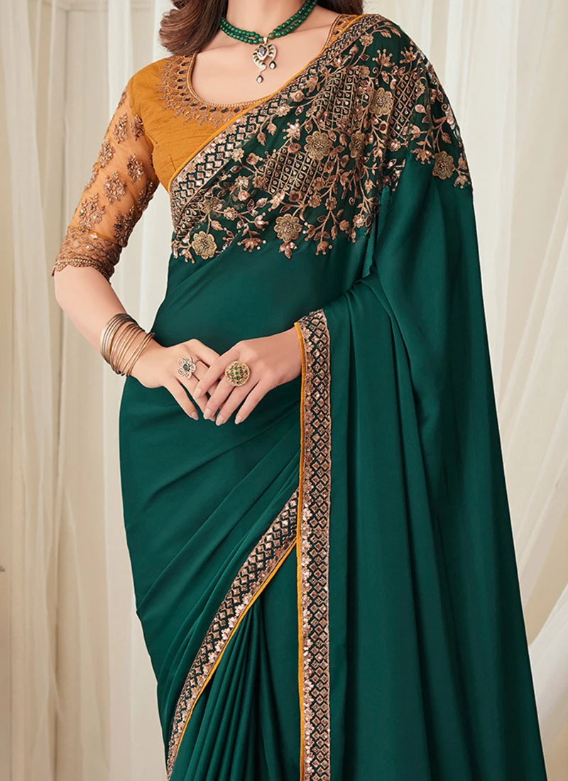 Green Silk Embroidery Sequins Work Saree Party Wear 1 Green Silk Embroidery Sequins Work Saree Party Wear