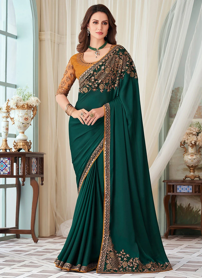 Green Silk Embroidery Sequins Work Saree Party Wear 3 Green Silk Embroidery Sequins Work Saree Party Wear - Image 3