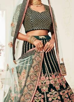 Green Velvet Embroidered N Sequins Work Umbrella Lehenga Wedding Wear