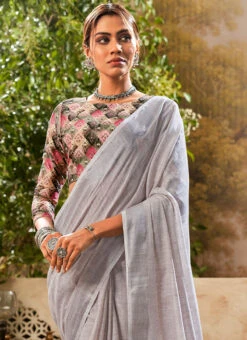 Grey Blended Cotton Handloom Saree After Six Wear -Deals Chic Lehenga Store grey blended cotton handloom saree samam2348 b