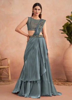 Grey Chinon Silk Embroidered Ready Pleated Saree Party Wear -Deals Chic Lehenga Store grey chinon silk embroidered ready pleated saree saska36337311f u