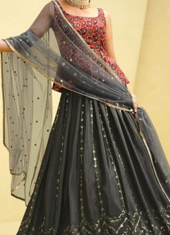 Grey Chinon Silk Sequins Work Long Choli Lehenga Wedding Wear