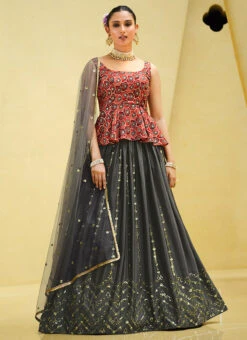 Grey Chinon Silk Sequins Work Long Choli Lehenga Wedding Wear -Deals Chic Lehenga Store grey chinon silk sequins work long choli lehenga ghsom2233 u