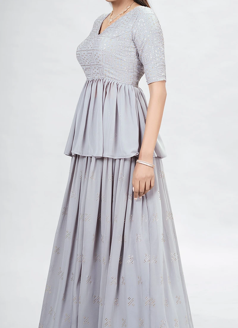 Grey Georgette Sequins Long Choli Umbrella Lehenga Party Wear 1 Grey Georgette Sequins Long Choli Umbrella Lehenga Party Wear