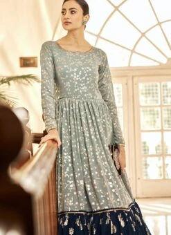 Sea Green N Blue Georgette Foil Printed Anarkali Gown After Six Wear -Deals Chic Lehenga Store grey n blue georgette foil printed anarkali gown bgwsom4706 b