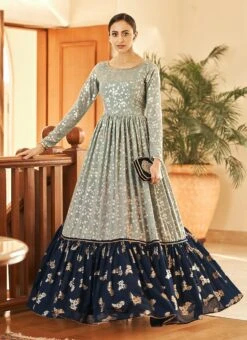Sea Green N Blue Georgette Foil Printed Anarkali Gown After Six Wear -Deals Chic Lehenga Store grey n blue georgette foil printed anarkali gown bgwsom4706 u