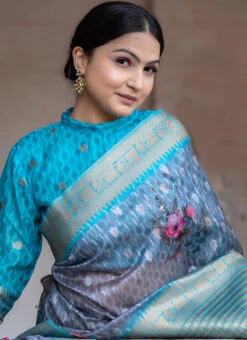 Grey N Blue Tussar Silk Printed Work Saree After Six Wear -Deals Chic Lehenga Store grey n blue tussar silk printed work saree sasrivta06 b
