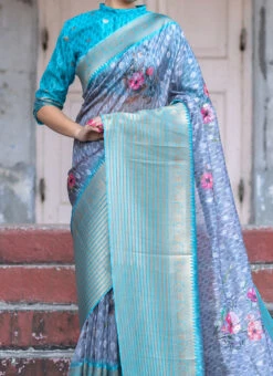 Grey N Blue Tussar Silk Printed Work Saree After Six Wear