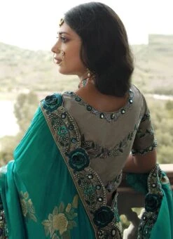 Grey N Green Silk Zari Embroidery Work Half N Half Saree Party Wear -Deals Chic Lehenga Store grey n green silk zari embroidery work half n half saree samkns102214059 b