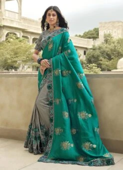 Grey N Green Silk Zari Embroidery Work Half N Half Saree Party Wear -Deals Chic Lehenga Store grey n green silk zari embroidery work half n half saree samkns102214059 u