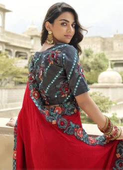 Grey N Red Silk Zari Embroidery Work Half N Half Saree Party Wear -Deals Chic Lehenga Store grey n red silk zari embroidery work half n half saree samkns102214061 b