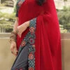 Grey N Red Silk Zari Embroidery Work Half N Half Saree Party Wear