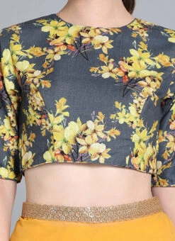 Grey N Yellow Cotton Digital Printed Blouse Festive Wear