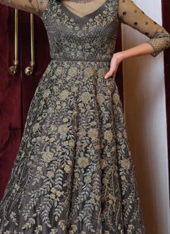 Grey Net Anarkali Suit Party Wear Party Wear