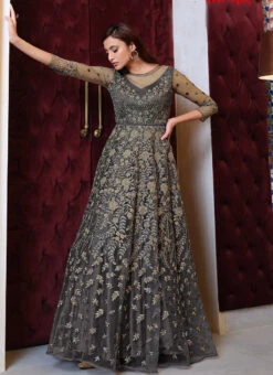 Grey Net Anarkali Suit Party Wear Party Wear -Deals Chic Lehenga Store grey net anarkali suit party wear slsaj25744625 u