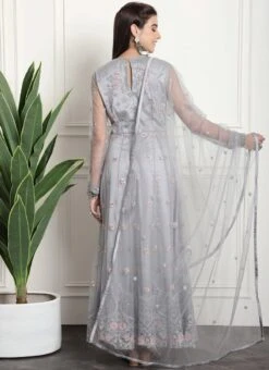 Grey Net Embroidered And Stones Gown Party Wear -Deals Chic Lehenga Store grey net embroidered and stones gown bgwrssls4015 b