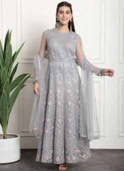 Grey Net Embroidered And Stones Gown Party Wear -Deals Chic Lehenga Store grey net embroidered and stones gown bgwrssls4015 u