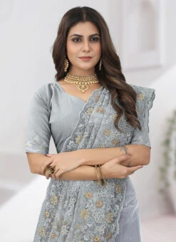 Grey Net Embroidered Saree Party Wear -Deals Chic Lehenga Store grey net embroidered saree sasun1920 b