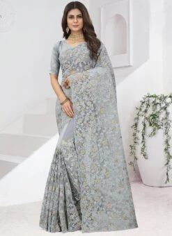Grey Net Embroidered Saree Party Wear -Deals Chic Lehenga Store grey net embroidered saree sasun1920 u