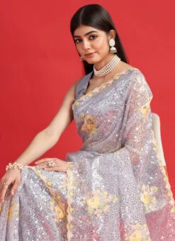 Grey Organza Embroidered Saree After Six Wear -Deals Chic Lehenga Store grey organza embroidered saree sasacw9097 b