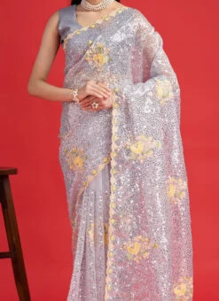 Grey Organza Embroidered Saree After Six Wear