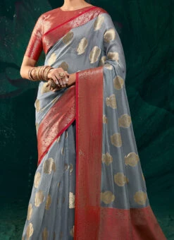 Grey Soft Satin Organza Jacquard Woven Saree Festive Wear