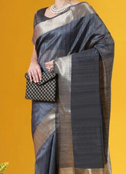 Grey Zari Woven Tussar Silk Saree Festive Wear