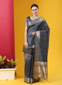 Grey Zari Woven Tussar Silk Saree Festive Wear -Deals Chic Lehenga Store grey zari woven tussar silk saree sasvw356 u