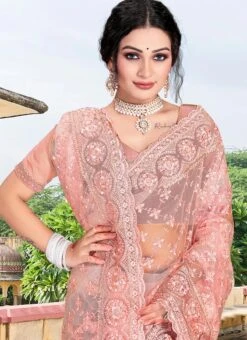 Half Sleeve Embroidery Stone Peach Net Saree Party Wear -Deals Chic Lehenga Store half sleeve embroidery stone peach net saree sasunm1723 b