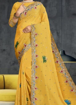 Hand Embroidered Stone Work Mustard Color Georgette Saree Party Wear