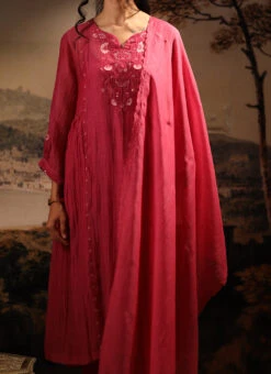 Hot Pink Chanderi Silk Embroidered Dupatta Party Wear