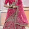 Hot Pink Velvet Embroidered N Stones A Line Lehenga Wedding Wear
