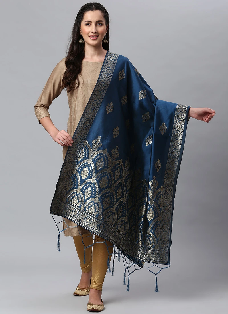 Indigo Blue Benarasi Silk Jacquard Woven Dupatta Festive Wear 3 Indigo Blue Benarasi Silk Jacquard Woven Dupatta Festive Wear - Image 3