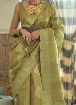 Kalki Koechlin Olive Green Color Jacquard Woven Silk Saree Festive Wear