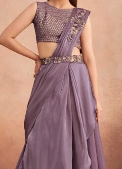 Lavender Chinon Silk Embroidered Ready Pleated Saree Party Wear