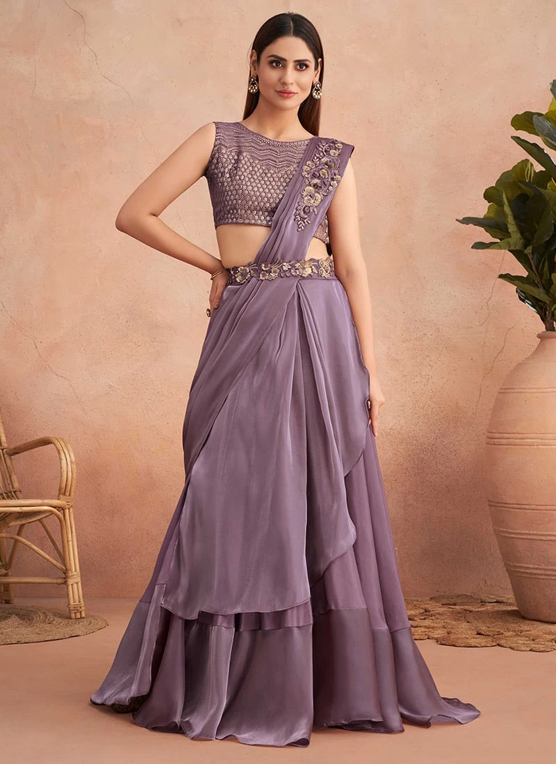 Lavender Chinon Silk Embroidered Ready Pleated Saree Party Wear 3 Lavender Chinon Silk Embroidered Ready Pleated Saree Party Wear - Image 3