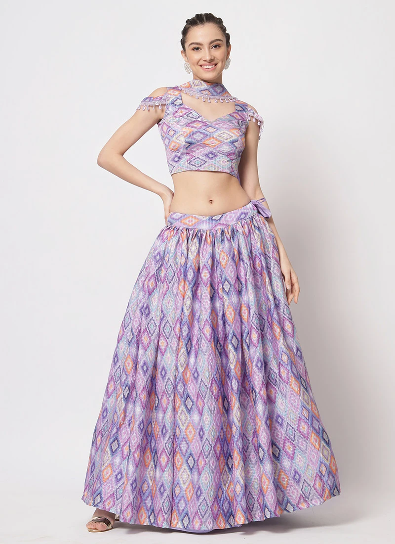 Lavender Chinon Silk Printed Work Umbrella Lehenga Choli Party Wear 3 Lavender Chinon Silk Printed Work Umbrella Lehenga Choli Party Wear - Image 3