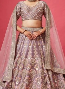Lavender Color Pure Silk Embroidered And Zari Work Umbrella Lehenga Wedding Wear