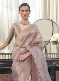 Lavender N Beige Organza Zari Work Saree Festive Wear -Deals Chic Lehenga Store lavender n beige organza zari work saree samkns1071242002 b