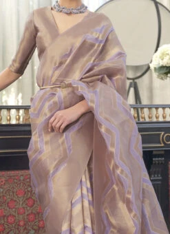 Lavender N Beige Organza Zari Work Saree Festive Wear