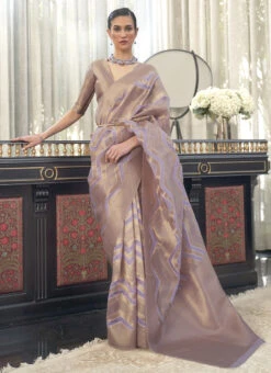 Lavender N Beige Organza Zari Work Saree Festive Wear -Deals Chic Lehenga Store lavender n beige organza zari work saree samkns1071242002 u