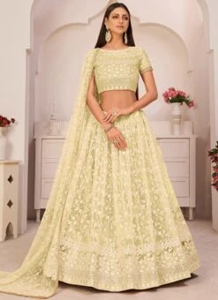 Lemon Yellow Net Embroidery A Line Lehenga Party Wear -Deals Chic Lehenga Store lemon yellow net embroidery a line lehenga ghskl2103b u
