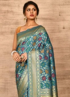 Light Blue Banarasi Katan Zari Weaving Saree Festive Wear -Deals Chic Lehenga Store light blue benarasi katan zari weaving saree savns671o b
