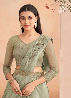 Light Green Chinon Silk Embroidered Ready Pleated Saree Party Wear -Deals Chic Lehenga Store light green chinon silk embroidered ready pleated saree saska36367304c b